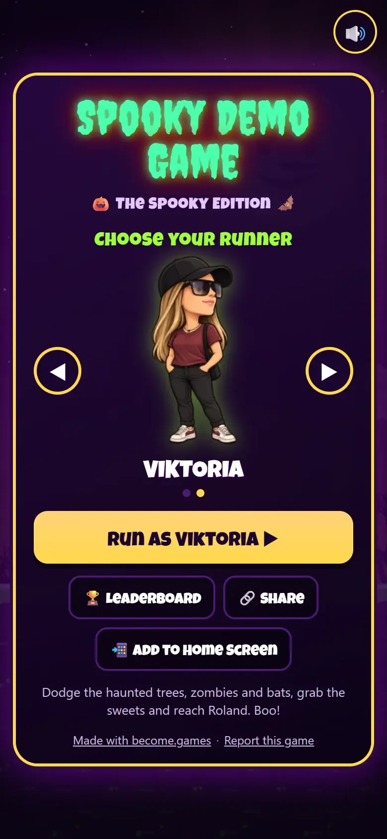 The game made from that photo: Viktoria as a cartoon character on the Spooky Demo Game start screen, ready to run